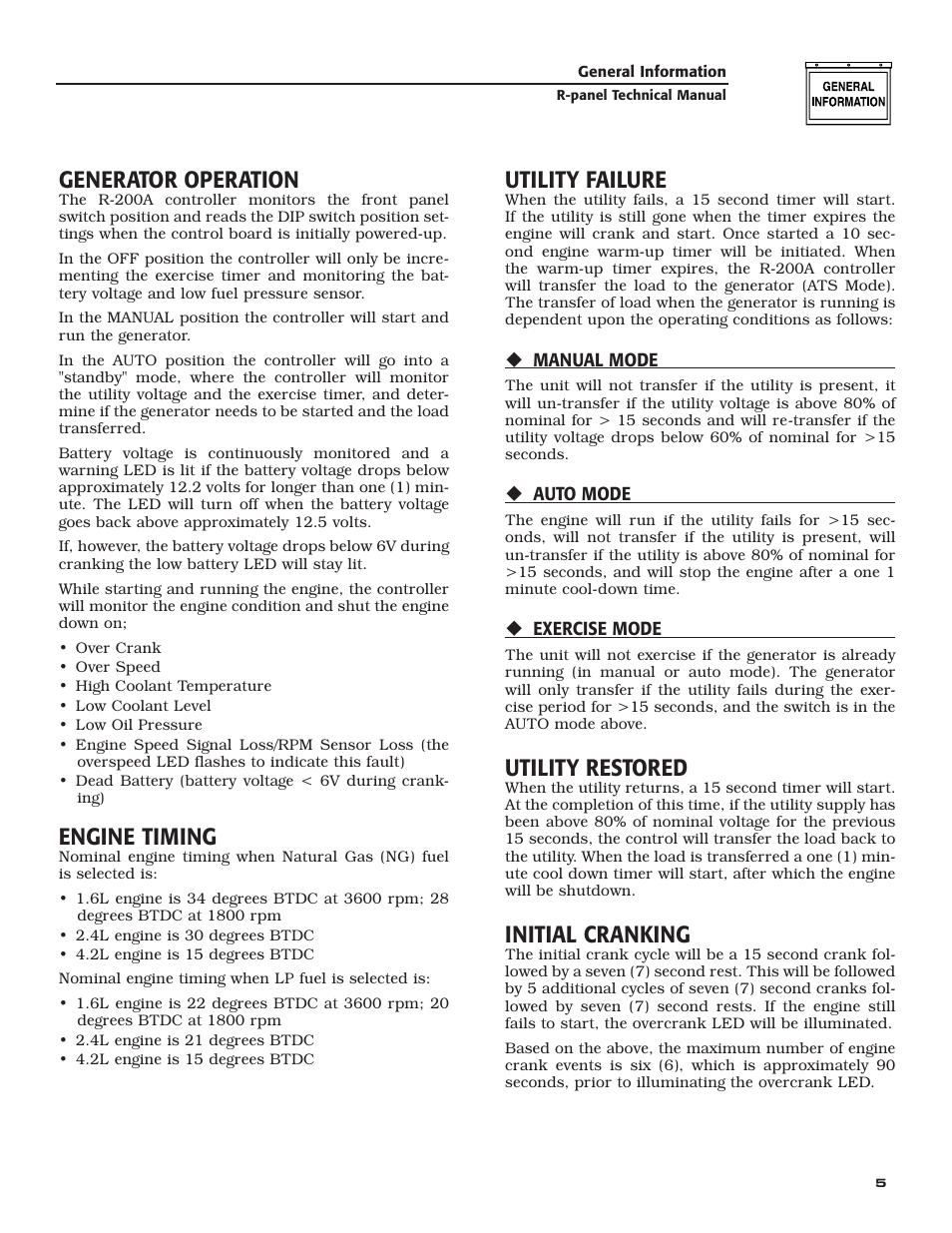Generator operation, Engine timing, Utility failure | Utility restored, Initial cranking | Generac Power Systems Digital Controller R-200A User Manual | Page 7 / 16