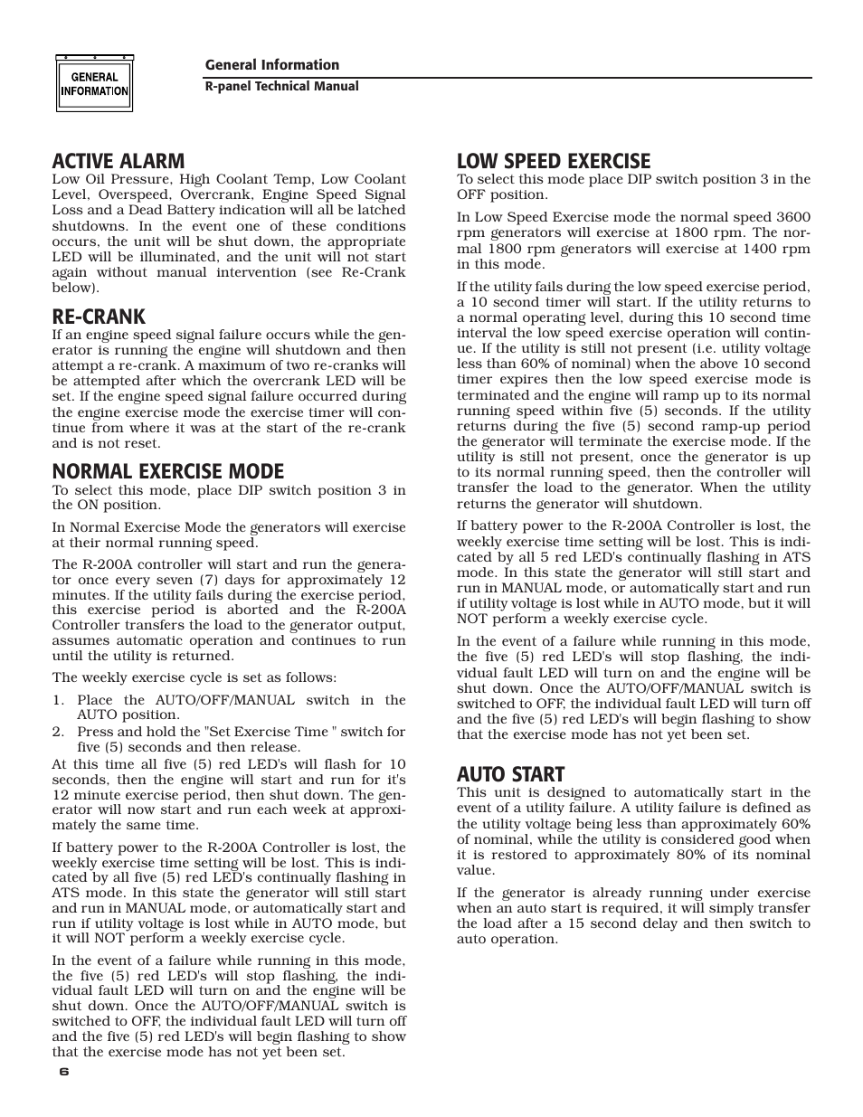 Active alarm, Re-crank, Normal exercise mode | Low speed exercise, Auto start | Generac Power Systems Digital Controller R-200A User Manual | Page 8 / 16