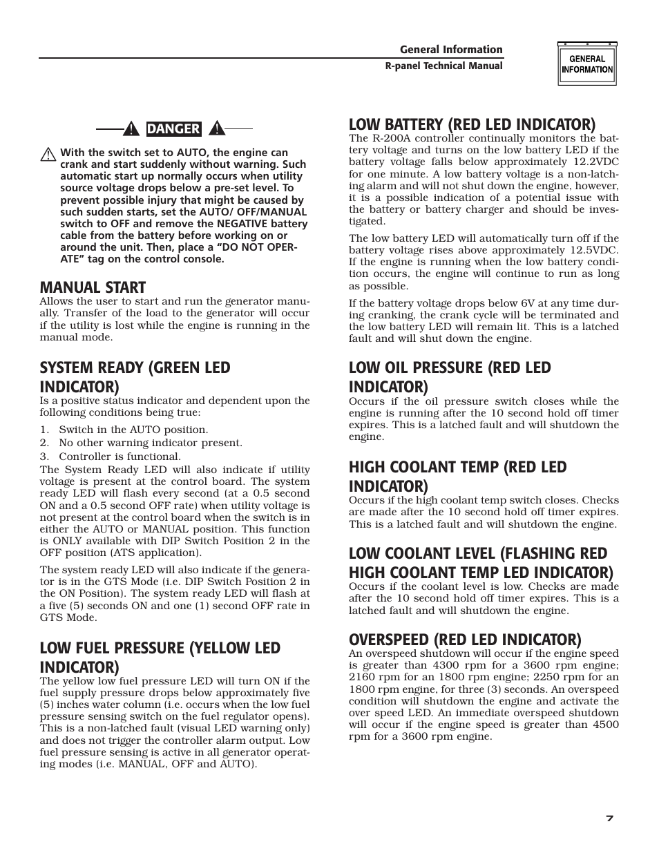 Manual start, System ready (green led indicator), Low fuel pressure (yellow led indicator) | Low battery (red led indicator), Low oil pressure (red led indicator), High coolant temp (red led indicator), Overspeed (red led indicator) | Generac Power Systems Digital Controller R-200A User Manual | Page 9 / 16