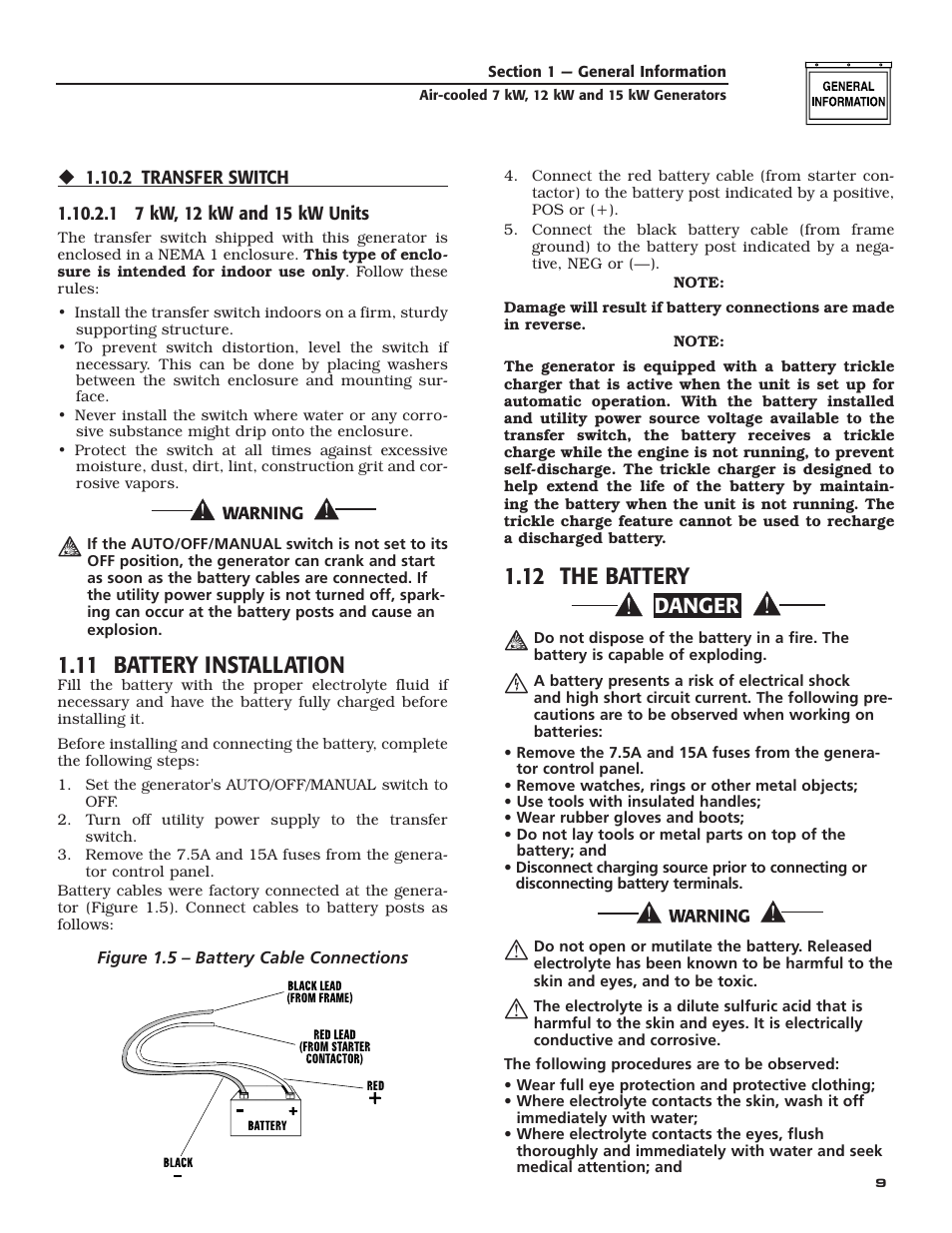11 battery installation, 12 the battery, Danger | Generac Power Systems 04389-3 User Manual | Page 11 / 68