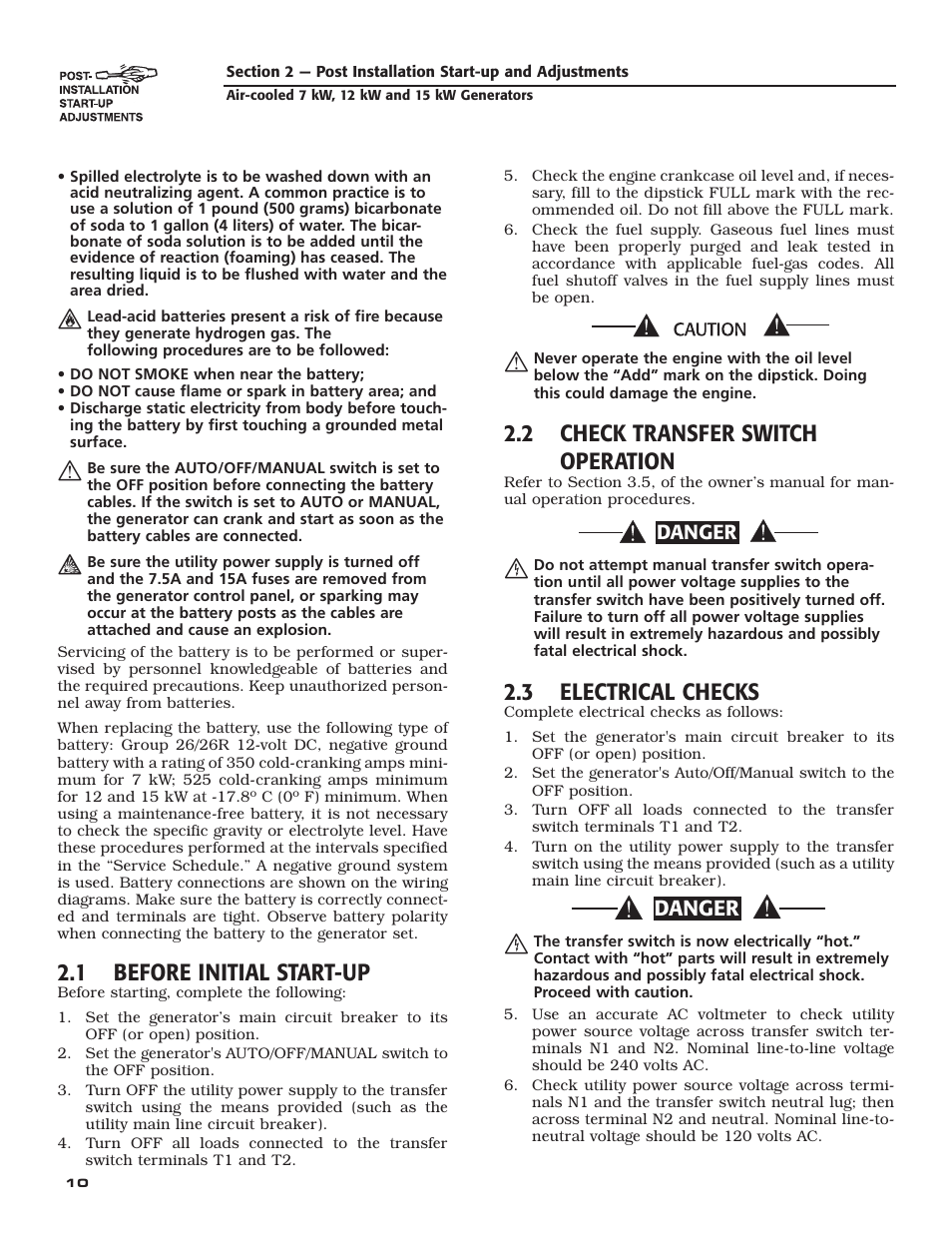 1 before initial start-up, 2 check transfer switch operation, 3 electrical checks | Danger | Generac Power Systems 04389-3 User Manual | Page 12 / 68