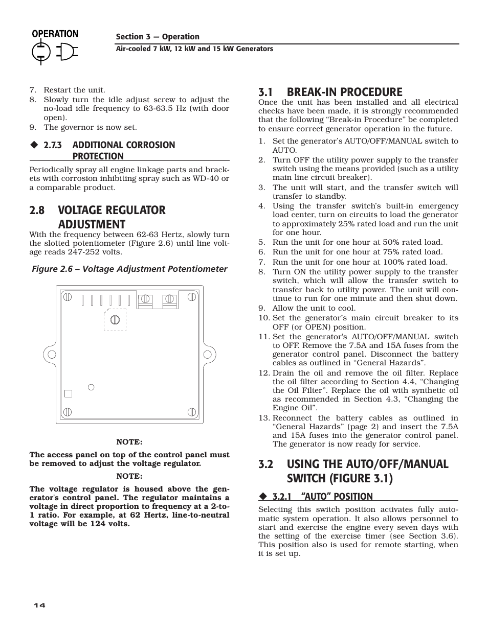 8 voltage regulator adjustment, 1 break-in procedure, 2 using the auto/off/manual switch (figure 3.1) | Generac Power Systems 04389-3 User Manual | Page 16 / 68
