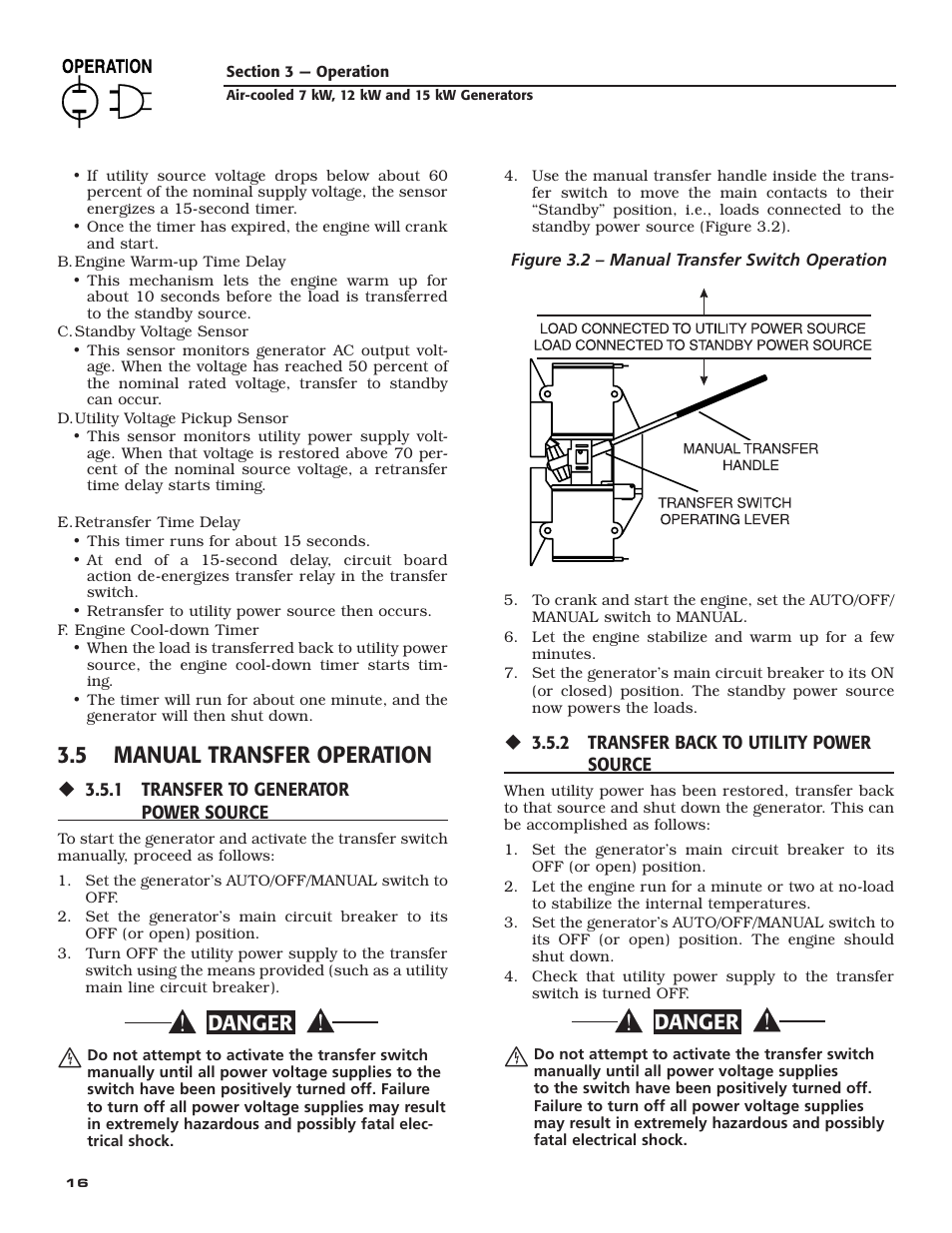 5 manual transfer operation, Danger | Generac Power Systems 04389-3 User Manual | Page 18 / 68