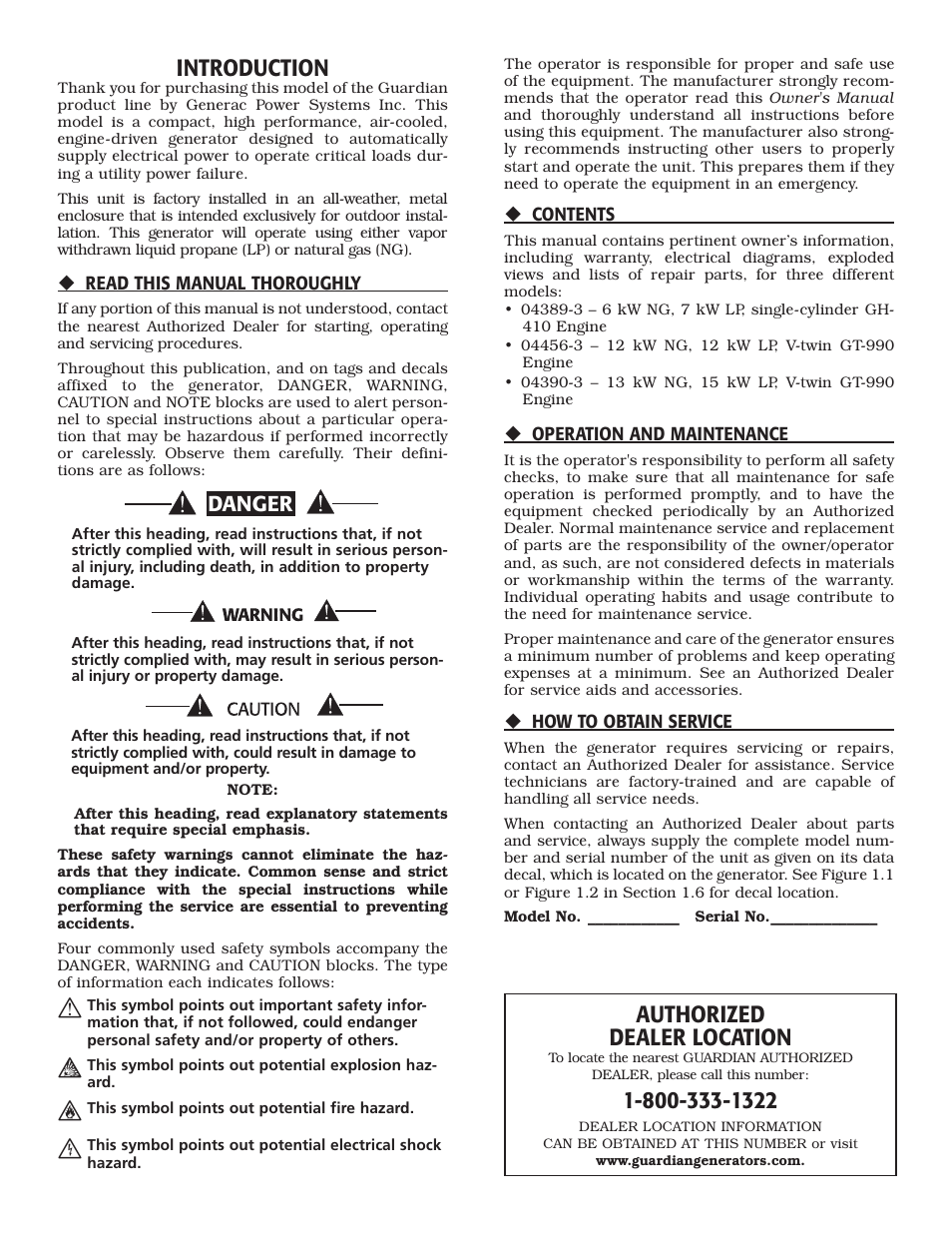 Introduction, Authorized dealer location, Danger | Generac Power Systems 04389-3 User Manual | Page 2 / 68