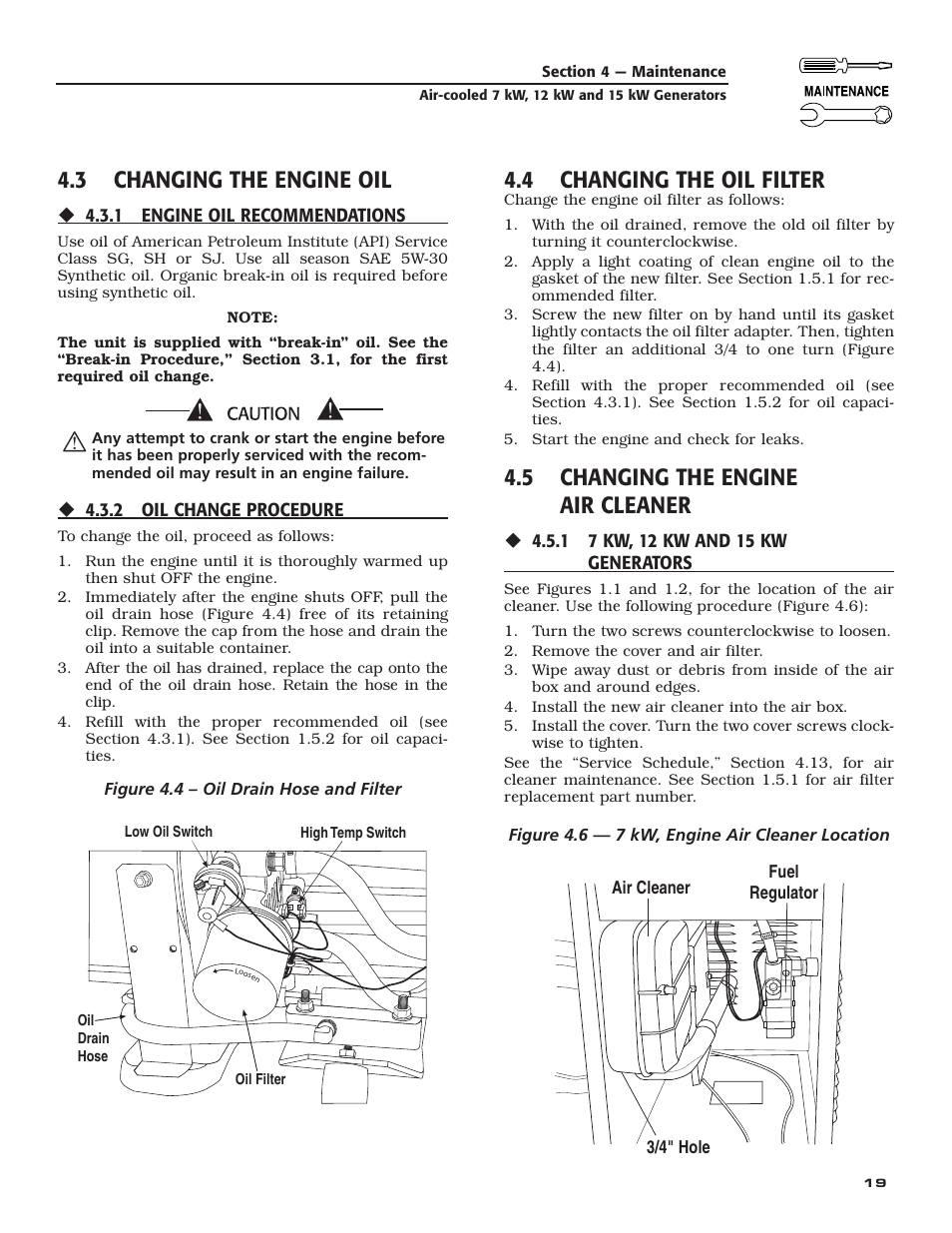 3 changing the engine oil, 4 changing the oil filter, 5 changing the engine air cleaner | Generac Power Systems 04389-3 User Manual | Page 21 / 68