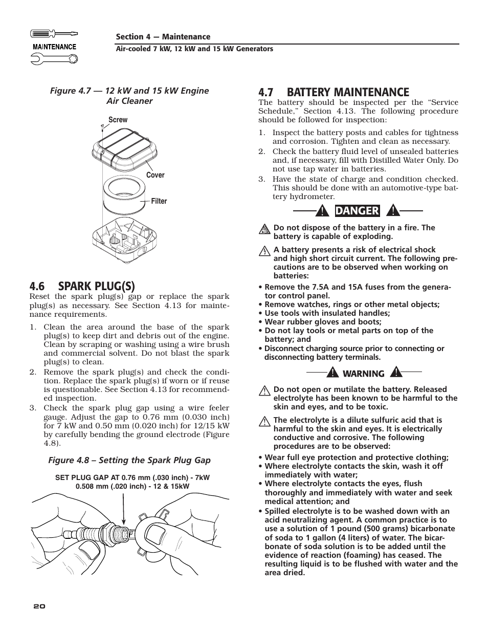 6 spark plug(s), 7 battery maintenance, Danger | Generac Power Systems 04389-3 User Manual | Page 22 / 68