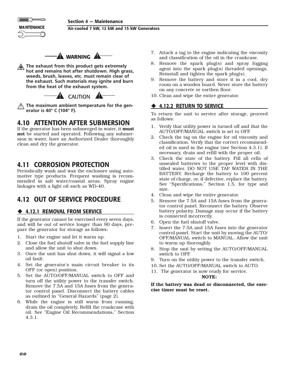 10 attention after submersion, 11 corrosion protection, 12 out of service procedure | Generac Power Systems 04389-3 User Manual | Page 24 / 68