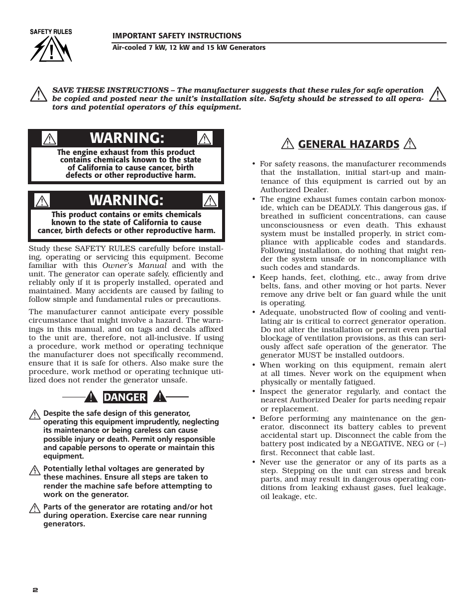 Warning | Generac Power Systems 04389-3 User Manual | Page 4 / 68