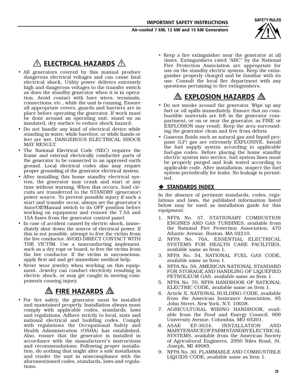 Electrical hazards, Fire hazards, Explosion hazards | Generac Power Systems 04389-3 User Manual | Page 5 / 68