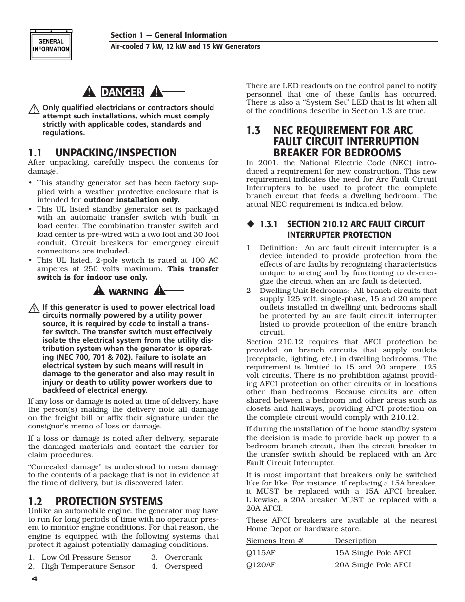 1 unpacking/inspection, 2 protection systems, Danger | Generac Power Systems 04389-3 User Manual | Page 6 / 68