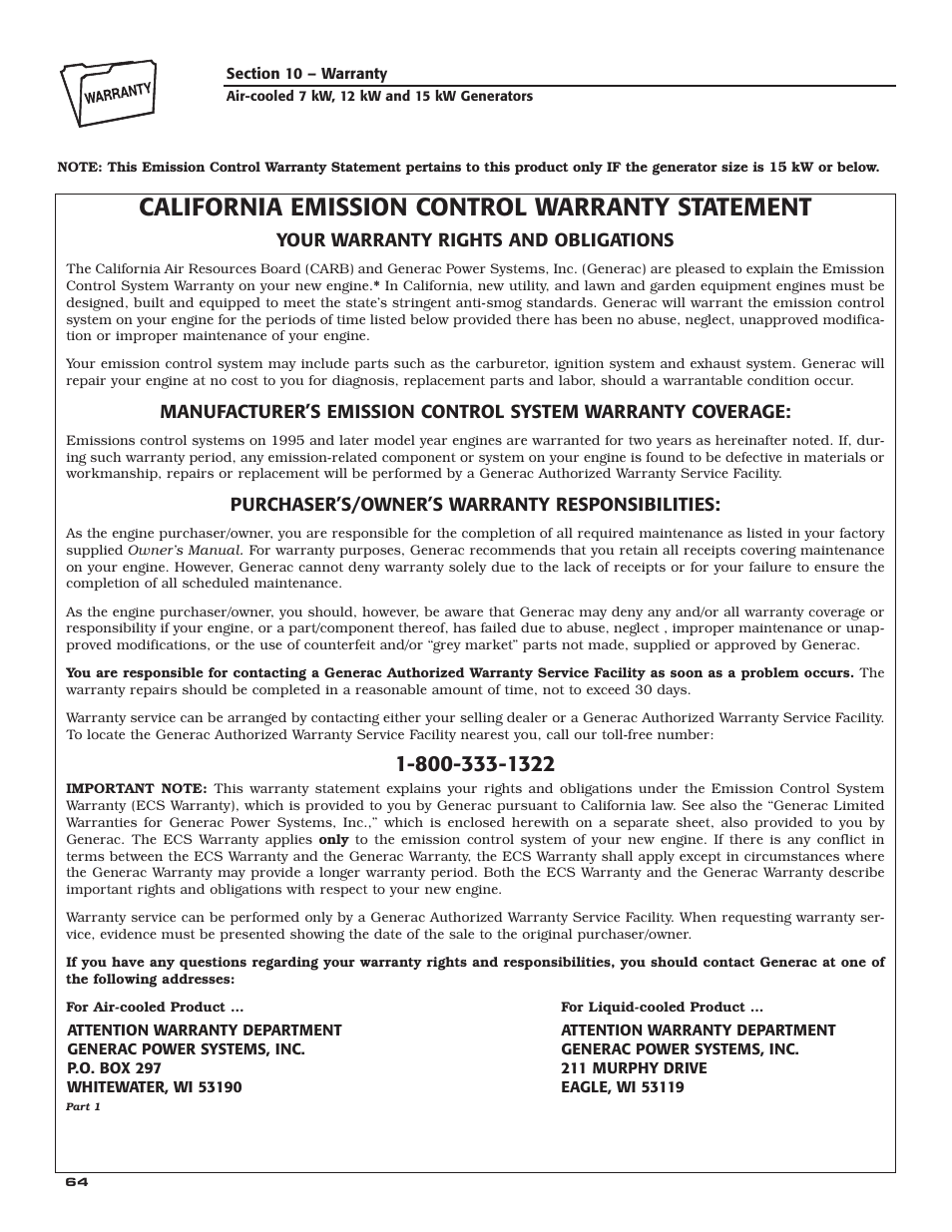 California emission control warranty statement | Generac Power Systems 04389-3 User Manual | Page 66 / 68