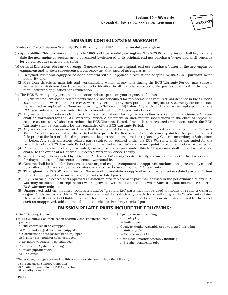 Emission control system warranty, Emission related parts include the following | Generac Power Systems 04389-3 User Manual | Page 67 / 68