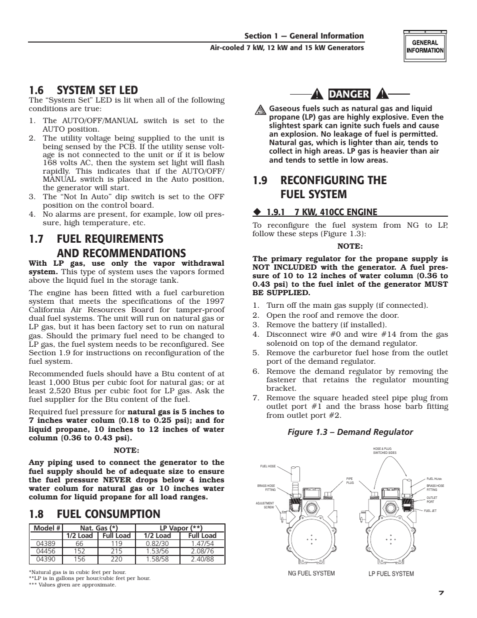 6 system set led, 7 fuel requirements and recommendations, 8 fuel consumption | 9 reconfiguring the fuel system, Danger | Generac Power Systems 04389-3 User Manual | Page 9 / 68