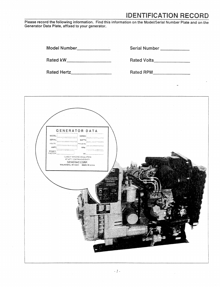 Identification record | Generac Power Systems 9344-1 User Manual | Page 3 / 40