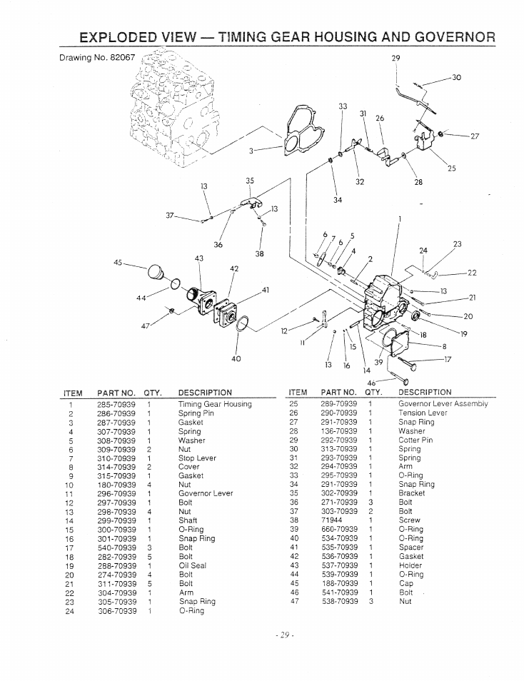 Exploded view — timing gear housing and governor, Governor lever assembly, Tension lever | Snap ring 4, Washer, Cotter pin, 2nut, Spring, Stop lever, Gasket | Generac Power Systems 9344-1 User Manual | Page 31 / 40