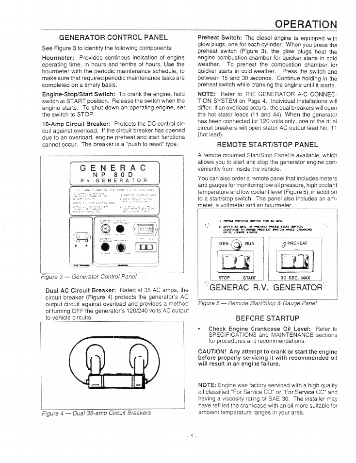 Operation, Generator control panel, Start preheat | Generac r.v. generator | Generac Power Systems 9344-1 User Manual | Page 7 / 40