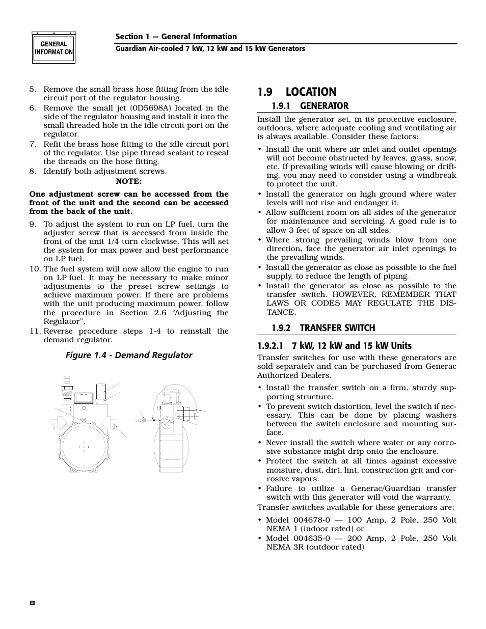 9 location, 1 generator, Figure 1.4 - demand regulator | Generac Power Systems GUARDIAN 04758-0 User Manual | Page 10 / 56