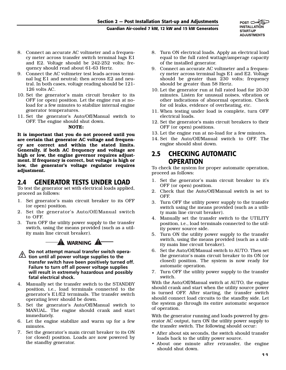 4 generator tests under load, 5 checking automatic operation | Generac Power Systems GUARDIAN 04758-0 User Manual | Page 13 / 56