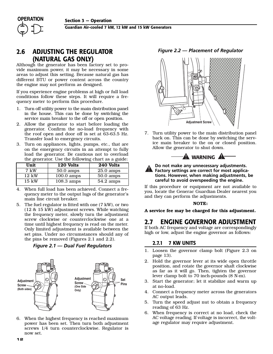 6 adjusting the regulator (natural gas only), 7 engine governor adjustment | Generac Power Systems GUARDIAN 04758-0 User Manual | Page 14 / 56