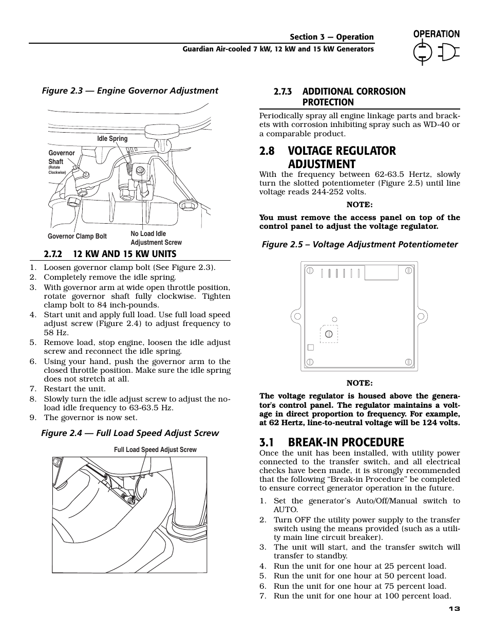 8 voltage regulator adjustment, 1 break-in procedure | Generac Power Systems GUARDIAN 04758-0 User Manual | Page 15 / 56