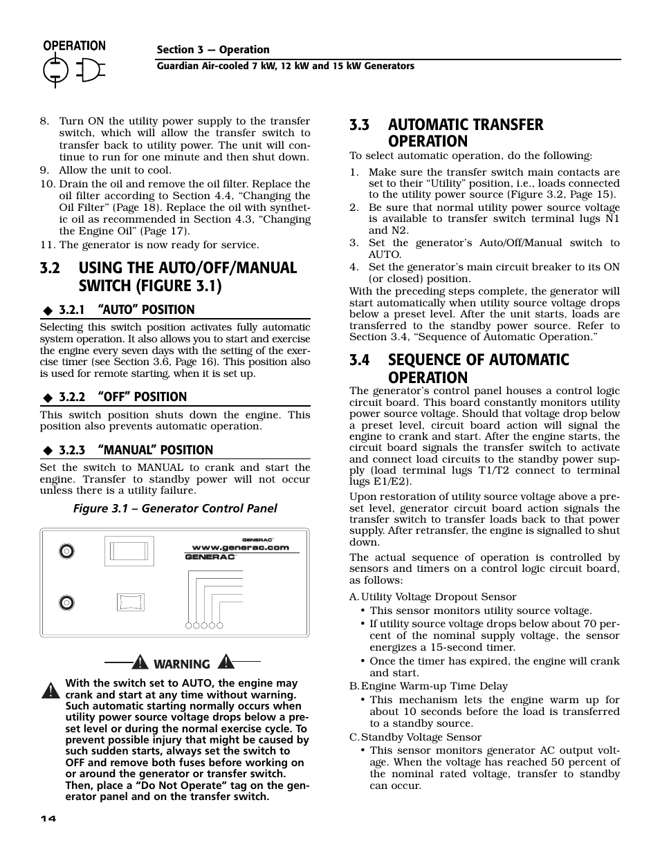 2 using the auto/off/manual switch (figure 3.1), 3 automatic transfer operation, 4 sequence of automatic operation | 1 “auto” position, 2 “off” position, 3 “manual” position, Figure 3.1 – generator control panel | Generac Power Systems GUARDIAN 04758-0 User Manual | Page 16 / 56