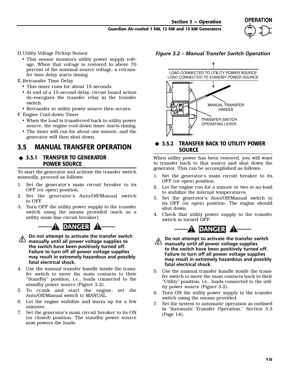5 manual transfer operation, Danger | Generac Power Systems GUARDIAN 04758-0 User Manual | Page 17 / 56