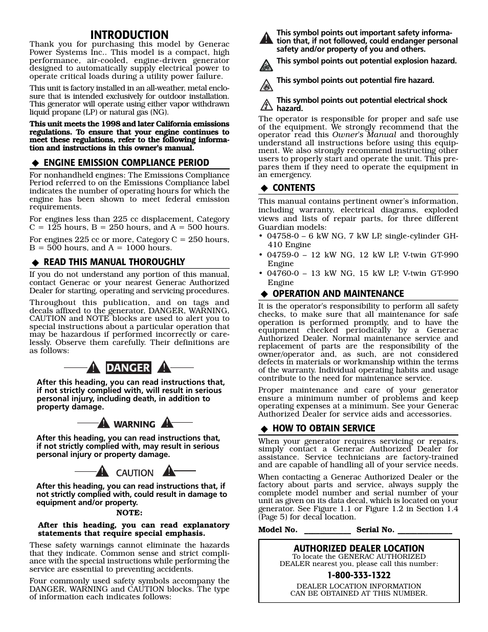 Introduction, Danger | Generac Power Systems GUARDIAN 04758-0 User Manual | Page 2 / 56