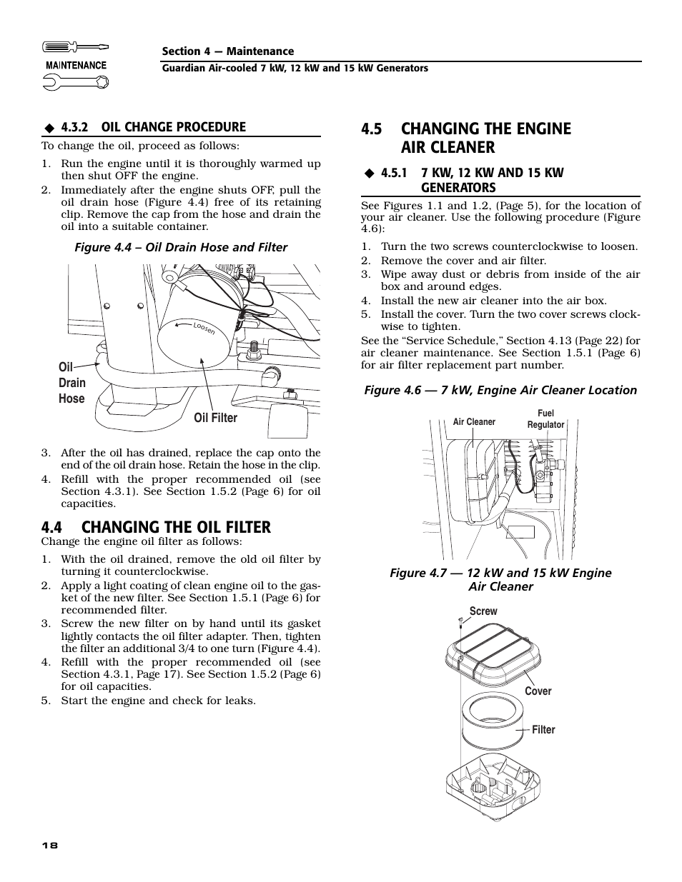 4 changing the oil filter, 5 changing the engine air cleaner | Generac Power Systems GUARDIAN 04758-0 User Manual | Page 20 / 56