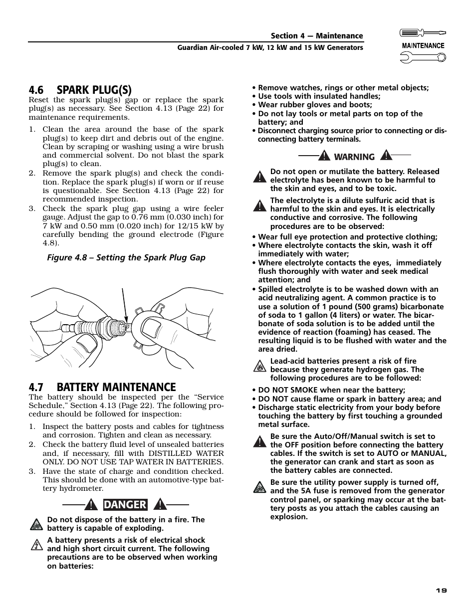 6 spark plug(s), 7 battery maintenance, Danger | Generac Power Systems GUARDIAN 04758-0 User Manual | Page 21 / 56