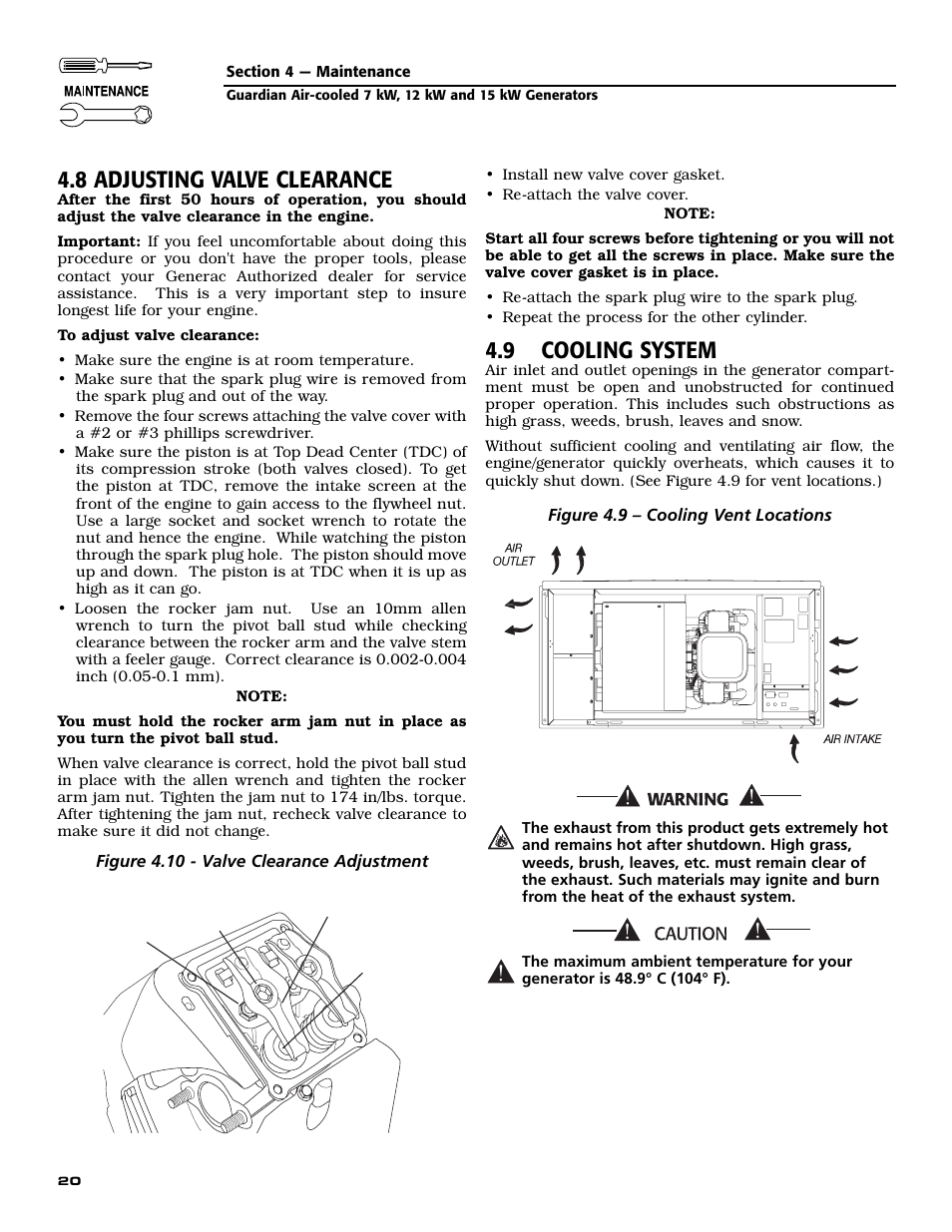 8 adjusting valve clearance, 9 cooling system | Generac Power Systems GUARDIAN 04758-0 User Manual | Page 22 / 56