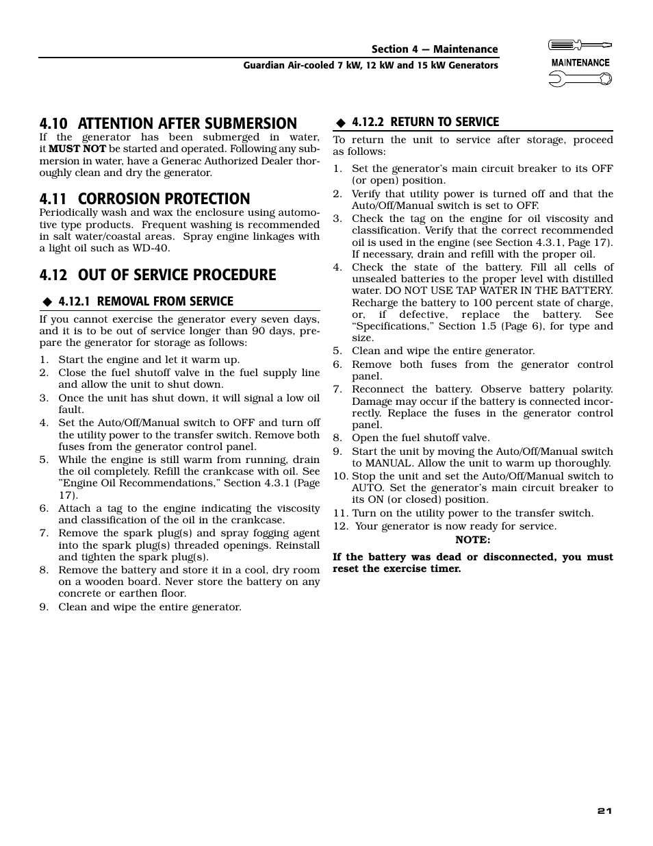 10 attention after submersion, 11 corrosion protection, 12 out of service procedure | Generac Power Systems GUARDIAN 04758-0 User Manual | Page 23 / 56