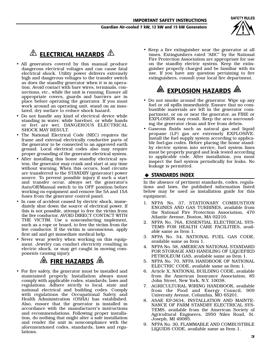 Electrical hazards, Fire hazards, Explosion hazards | Generac Power Systems GUARDIAN 04758-0 User Manual | Page 5 / 56