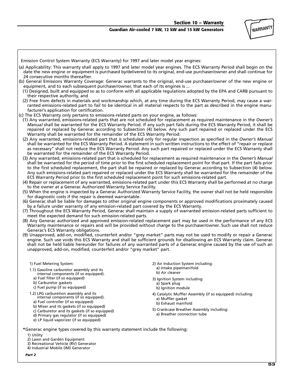 Emission control system warranty, Emission related parts include the following | Generac Power Systems GUARDIAN 04758-0 User Manual | Page 55 / 56