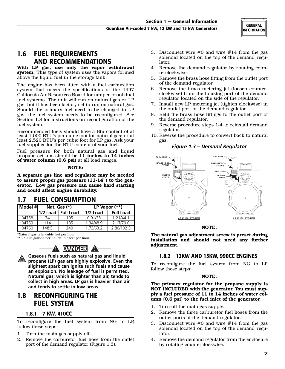 6 fuel requirements and recommendations, 7 fuel consumption, 8 reconfiguring the fuel system | Danger | Generac Power Systems GUARDIAN 04758-0 User Manual | Page 9 / 56