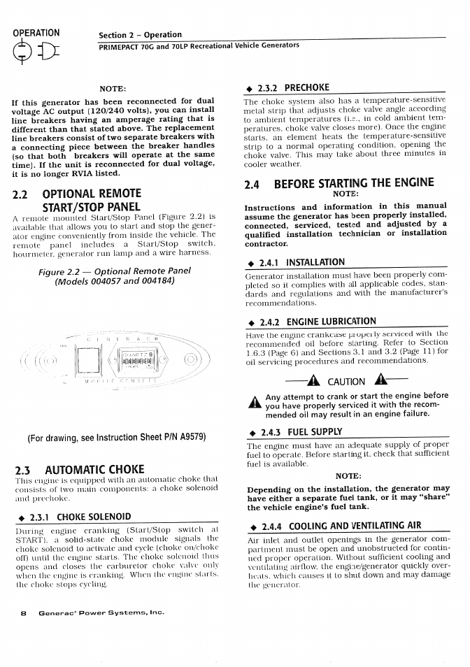 2 optional remote start/stop panel, 4 before starting the engine, 3 automatic choke | Generac Power Systems 000595-1 User Manual | Page 10 / 56