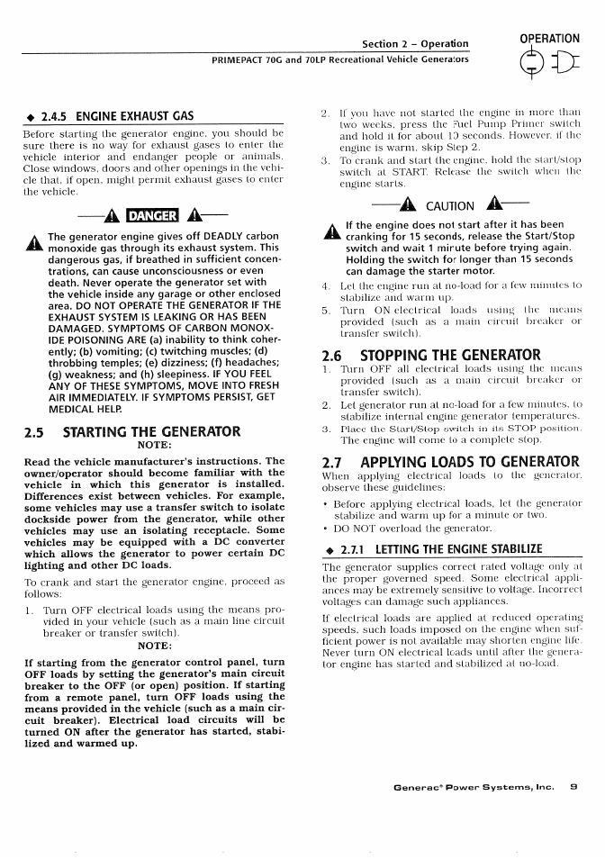 Starting the generator, 6 stopping the generator, 7 applying loads to generator | Generac Power Systems 000595-1 User Manual | Page 11 / 56