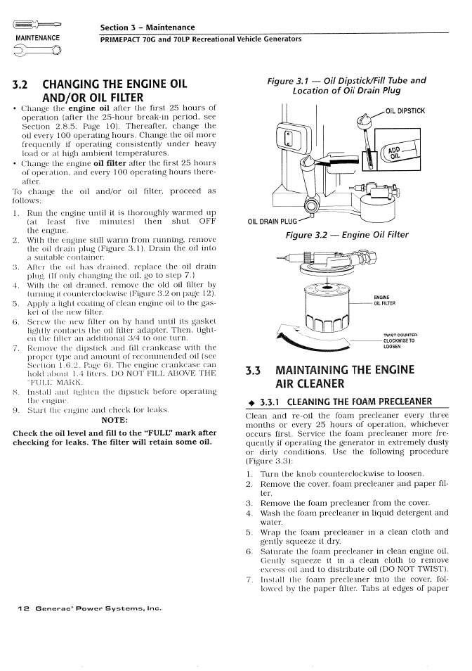 2 changing the engine oil and/or oil filter, 3 maintaining the engine | Generac Power Systems 000595-1 User Manual | Page 14 / 56