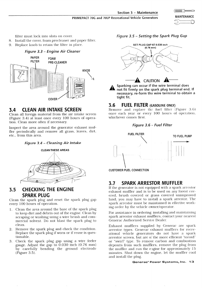 Spark plug, 7 spark arrestor ivluffler, 4 clean air intake screen | 5 checking the engine, 6 fuel filter | Generac Power Systems 000595-1 User Manual | Page 15 / 56