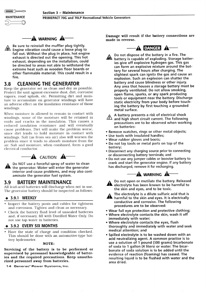 8 cleaning the generator, 9 battery maintenance | Generac Power Systems 000595-1 User Manual | Page 16 / 56