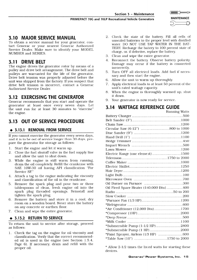 10 major service manual, 11 drive belt, 12 exercising the generator | 13 out of service procedure, 14 wattage reference guide | Generac Power Systems 000595-1 User Manual | Page 17 / 56