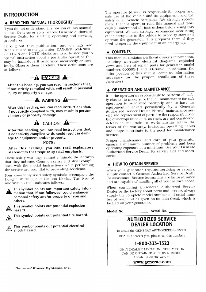 Introduction, Authorized service dealer location | Generac Power Systems 000595-1 User Manual | Page 2 / 56