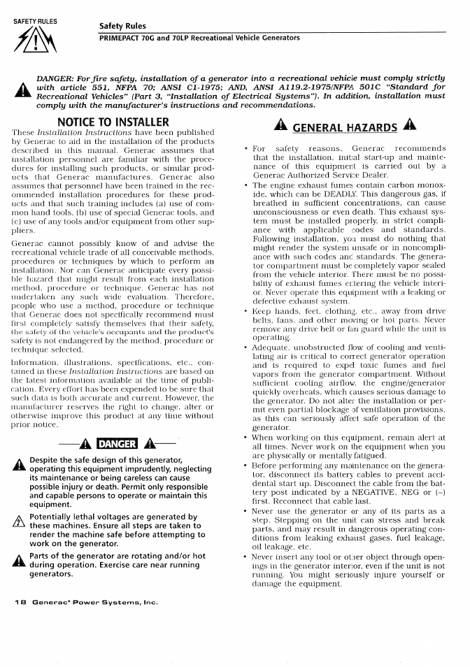 Notice to installer, A general hazards a | Generac Power Systems 000595-1 User Manual | Page 20 / 56