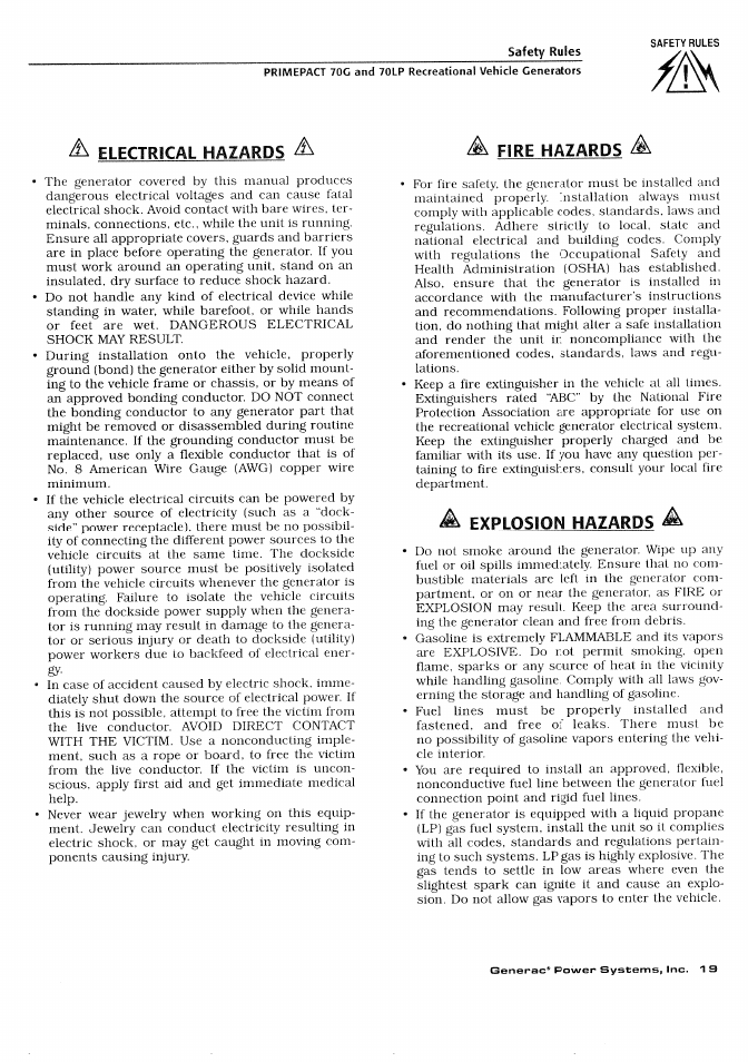 Electrical hazards, Fire hazards, Explosion hazards | Generac Power Systems 000595-1 User Manual | Page 21 / 56