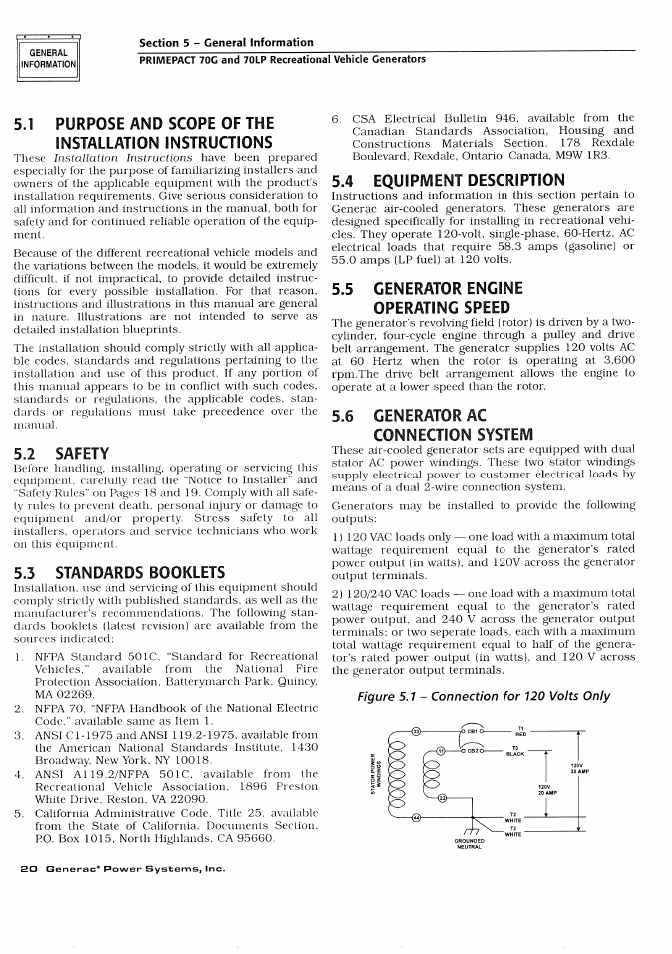 3 standards booklets, 4 equipivient description, 5 generator engine operating speed | 6 generator ac | Generac Power Systems 000595-1 User Manual | Page 22 / 56