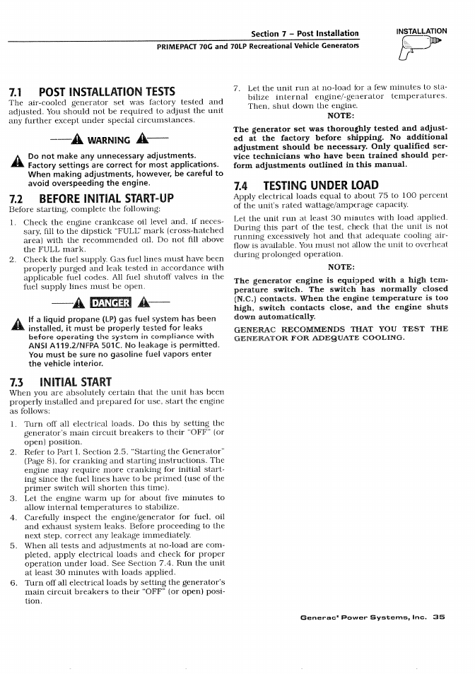 Installation tests, Initial start-up, 3 initial start | Testing, Post, 2 before, Under load | Generac Power Systems 000595-1 User Manual | Page 37 / 56