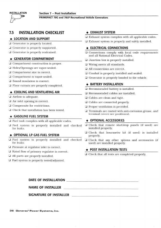 5 installation checklist | Generac Power Systems 000595-1 User Manual | Page 38 / 56