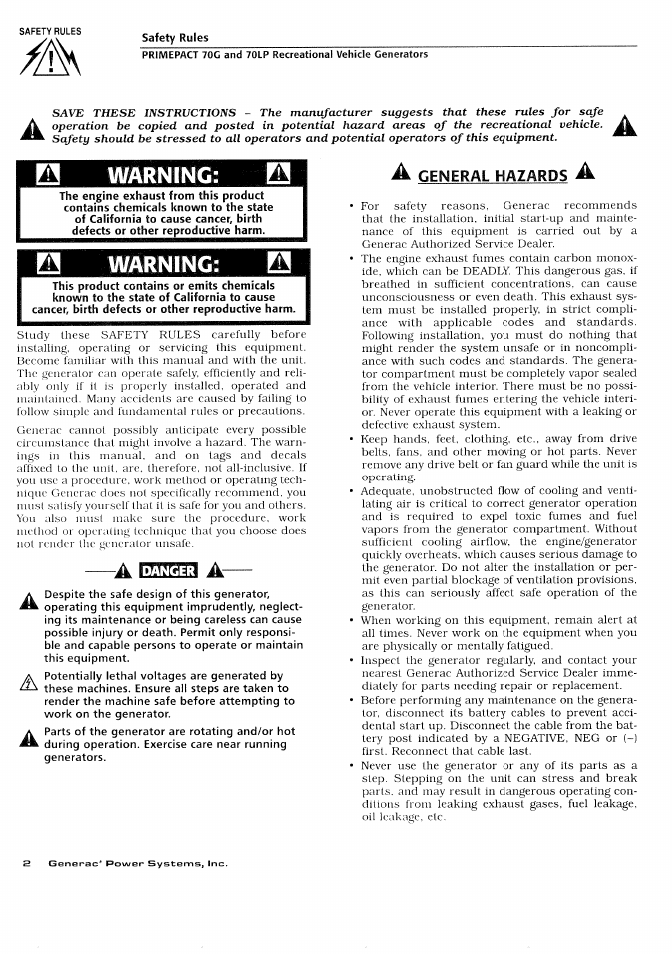 Warning, General hazards | Generac Power Systems 000595-1 User Manual | Page 4 / 56