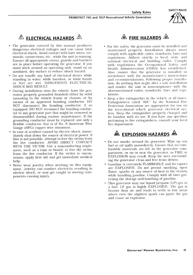 Electrical hazards, Fire hazards, Explosion hazards a | Generac Power Systems 000595-1 User Manual | Page 5 / 56