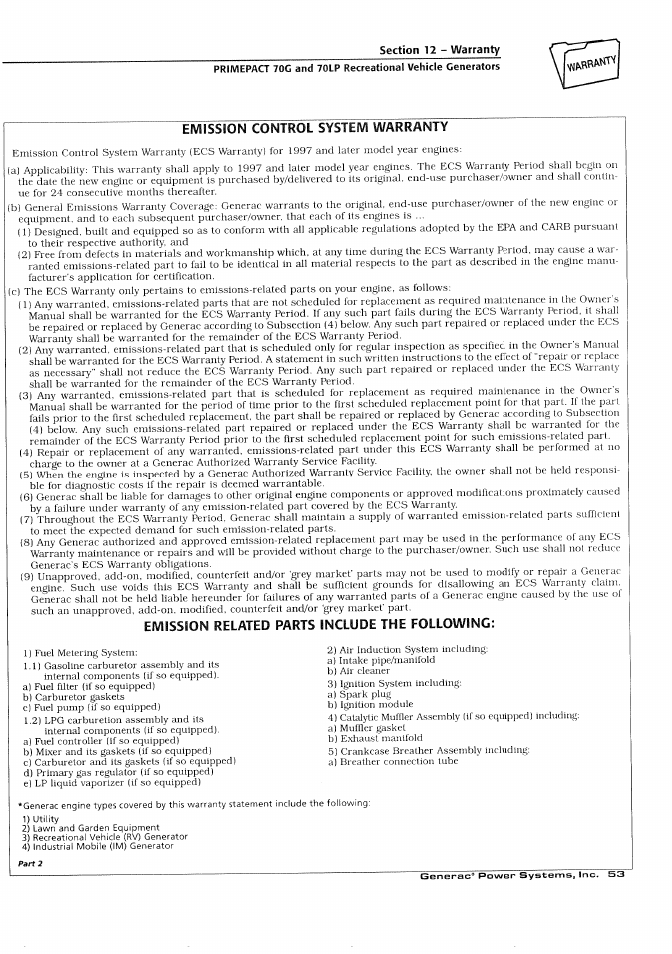 Emission control system warranty | Generac Power Systems 000595-1 User Manual | Page 55 / 56