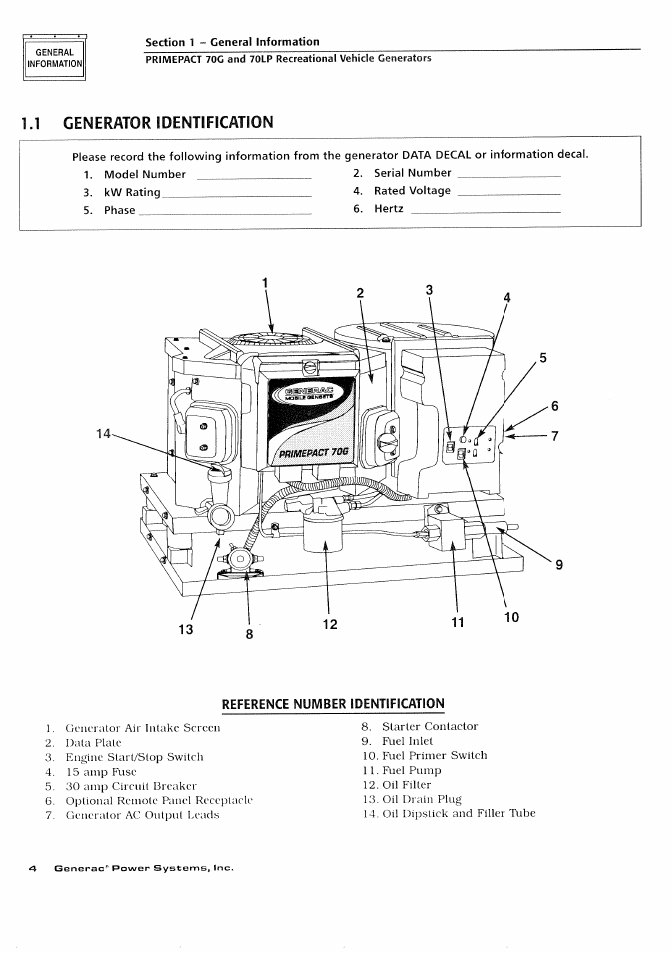 1 generator identification | Generac Power Systems 000595-1 User Manual | Page 6 / 56